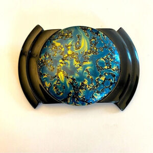 Authentic 80s Blue and Gold Swirl Marbled Statement Brooch Plastic Art Deco